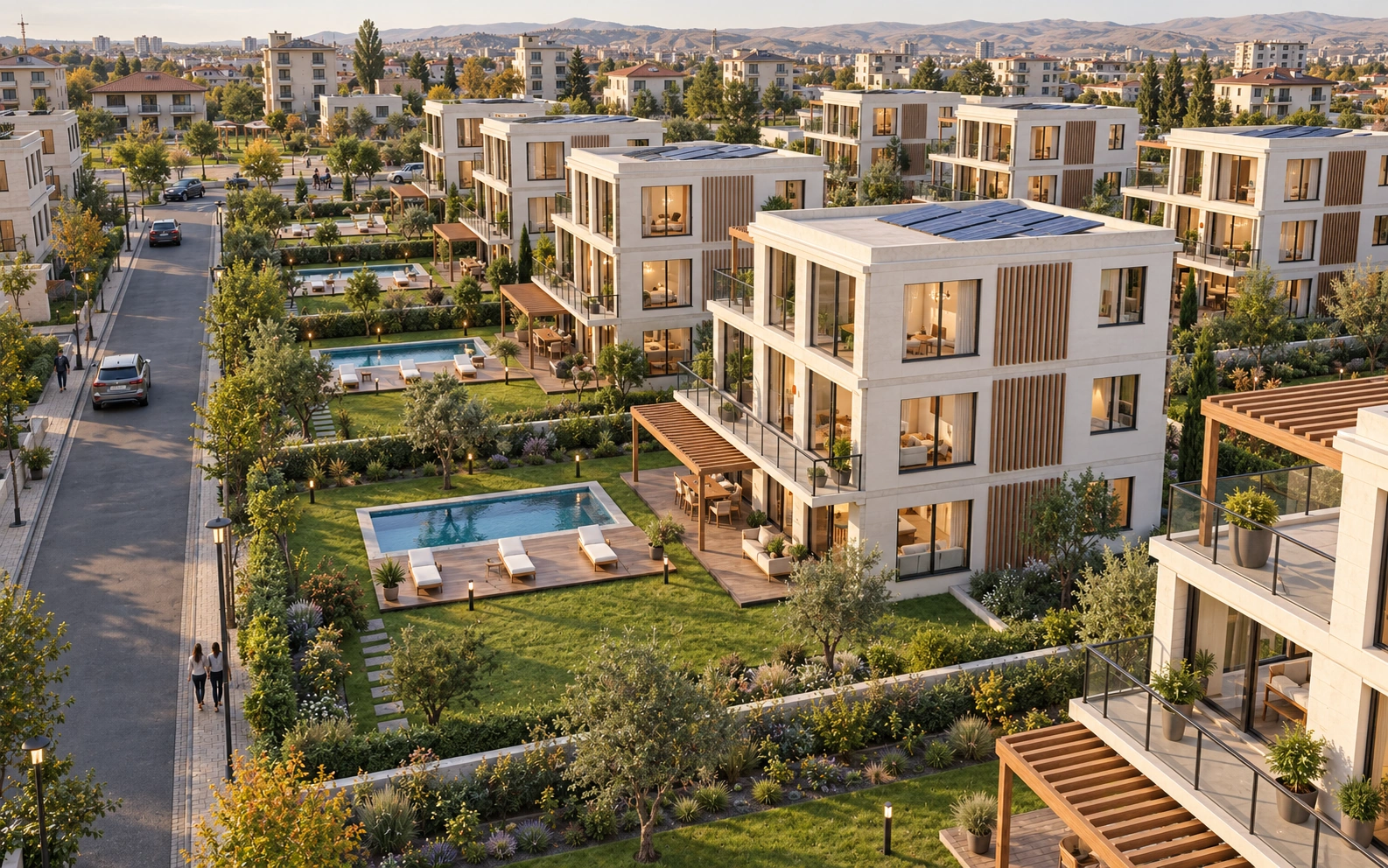 Şehir dokusu içinde özel havuzlu, üç katlı ArdıçLife villaları